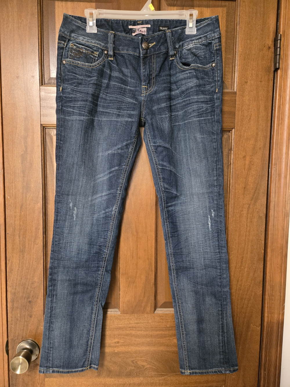 Express ReRock Distressed Dark Blue Skinny Jeans